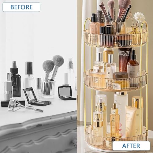 Image of 360 Rotating Makeup Organizer, Bathroom Make Up Spinning Holder Rack, Large Capacity Cosmetics Storage Vanity Shelf Countertop, Fits Cosmetics, Perfume, Skincare, Lipsticks (Amber, 3 Tier)
