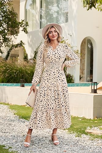 GRACE KARIN Women's Floral Maxi Dress 2026 Fall Long Sleeve V Neck Empire Waist A Line Flowy Dress with PocketOff- White Polka Dots L — view 2