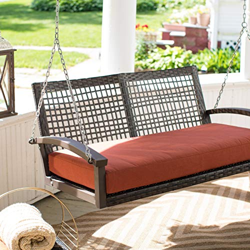 Image of Carry Bird Rattan Wicker Resin Two Seater Sofa Swing For Adults | Garden & Outdoor Hammock Double Swing With Cushions For Kids | Porch Swing Hanging Chair With Cushion & Iron Chains | Jhula | 2 Seater Sofa Swing | All Weather /Balcony /Patio /Indoor /Backyard /Porch /Yard /Outdoor Furniture | Dark Brown Swing-Rust Cushion