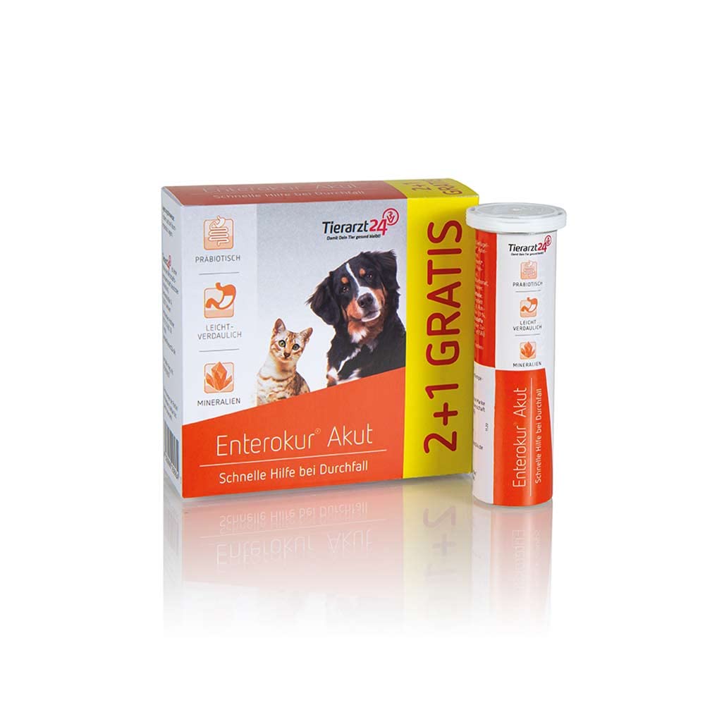 Tierarzt24 ENTEROKUR AKUT ist die schnelle Hilfe bei Durchfall - Für Hunde & Katzen. Mit Elektrolyten, Bentonit und Präbiotika - 36 Kautabletten