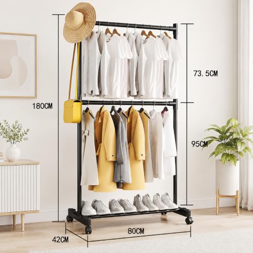 Image of HOPz Metal Multifunctional Heavy-Duty Quality Garment Stand Cloth Rack Freestanding Storage with Bottom Shelves Adjustable Single Solid Stainless Steel Spider Plastic 4 Shelf (Single rod, Black)