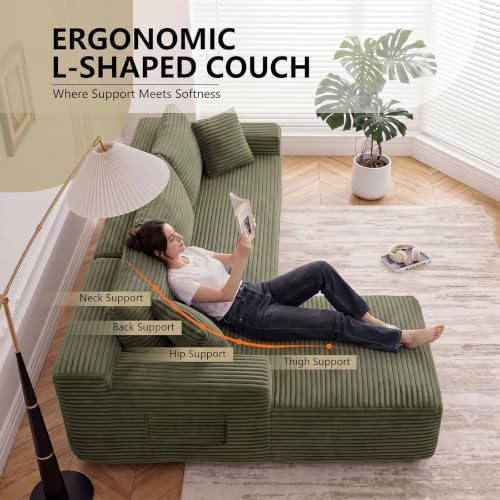 Image of 94.5 inch L Shaped Boneless Sectional Corduroy Couches for Living Room (Green)