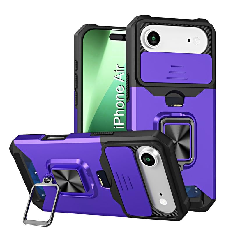 Image of LuxuryKase Shockproof Armor Case for iPhone Air | Slide Camera Cover | Hidden Card Slot | Rotating Ring Kickstand | Magnetic Car Mount Support | Military Grade Protection - Purple