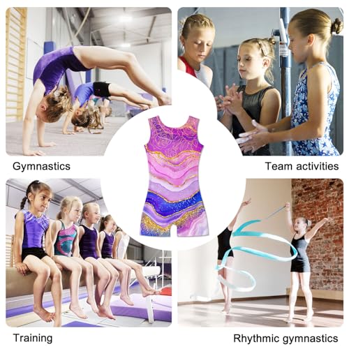 Funnycokid Gymnastics Leotards for Girls Dance Outfits Unitard Sparkly Clothes with Shorts, Gold Gradient, 5-6 Years - Thumbnail 5