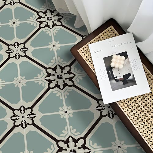 Alwayspon Vinyl Flooring, Retro Blue Self Adhesive Stick on Floor Tiles Transfer for Bathroom Kitchen, Splashback, Peel and Stick Vinyl Flooring Tiles Sticker, 12PcsX20cm/8inch