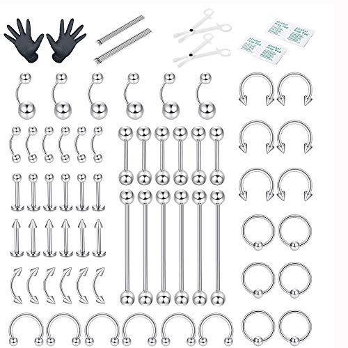 Milacolato 30-120Pcs Body Piercing Lot Stainless Steel Nose Ring Horseshoe Lip Tongue Eyebrow Tragus Body Piercing Navel Rings Barbells 14G 16G