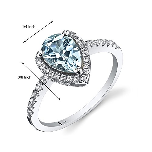 Peora Aquamarine Teardrop Halo Ring For Women 14K White Gold With White Topaz, Natural Gemstone Birthstone, 1 Carat Pear Shape 9X6Mm, Size 7 #TOP1