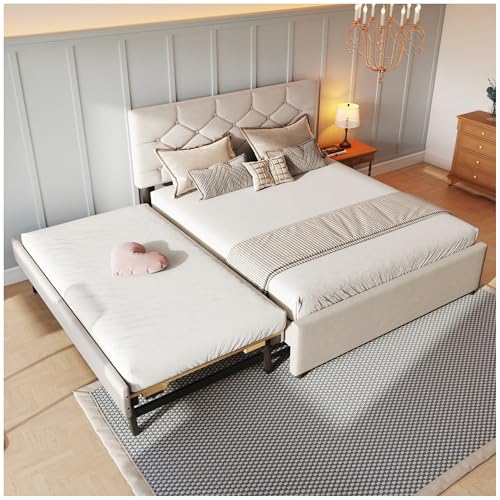 Wyibwy Cama de matrimonio acolchada de 140 x 200 cm, cama nido con ruedas, cama de una plaza y media, tela de terciopelo, camas de matrimonio (sin colchón) (Beige, 140 x 200 cm)