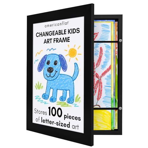 Image of Americanflat 10x12.5 Kids Art Frame - Front Loading Picture Frames Hold 100 Artworks - Use as 8.5x11 Picture Frame with Mat - My Mini Masterpiece - Hanging Hardware and Built-in Easel Included - Black
