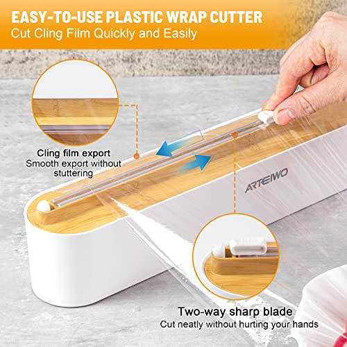 ArteiWo Magnetic Refillable Plastic Wrap Dispenser With Cutter, Foil and Plastic Wrap Organizer, Tin Aluminum Foil Dispenser with Cutter for Drawer, 12 Inch X 328 Feet Plastic Wrap Included - Thumbnail 2
