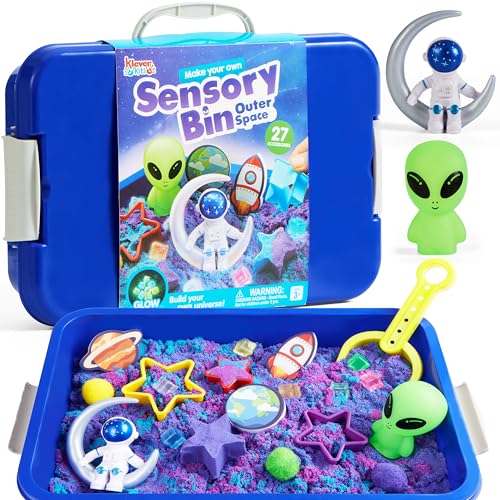 Klever Kits Outer Space Sensory Bin for Toddlers with Glow in The Dark Alien and Rocks, Sandbox with Lid Dual-Color Sand, Preschool Learning Activities Gifts for Boys Girls Age 3+