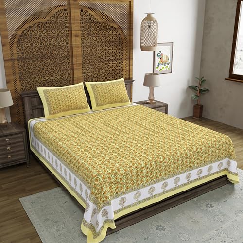 Image of BLOCKS OF INDIA Hand Block Printed 200 TC Cotton King Size Bedsheet (Mustard Anar)