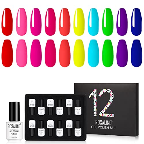 ROSALIND Couleur Bonbon Vernis Semi Permanent, Gel Vernis à Ongles Ensemble Série l'été Collection Couleur Rouge Rose Bleu Jaune Violet, 7ML, Salon de Manucure Maison Kit Ongles, 12pcs