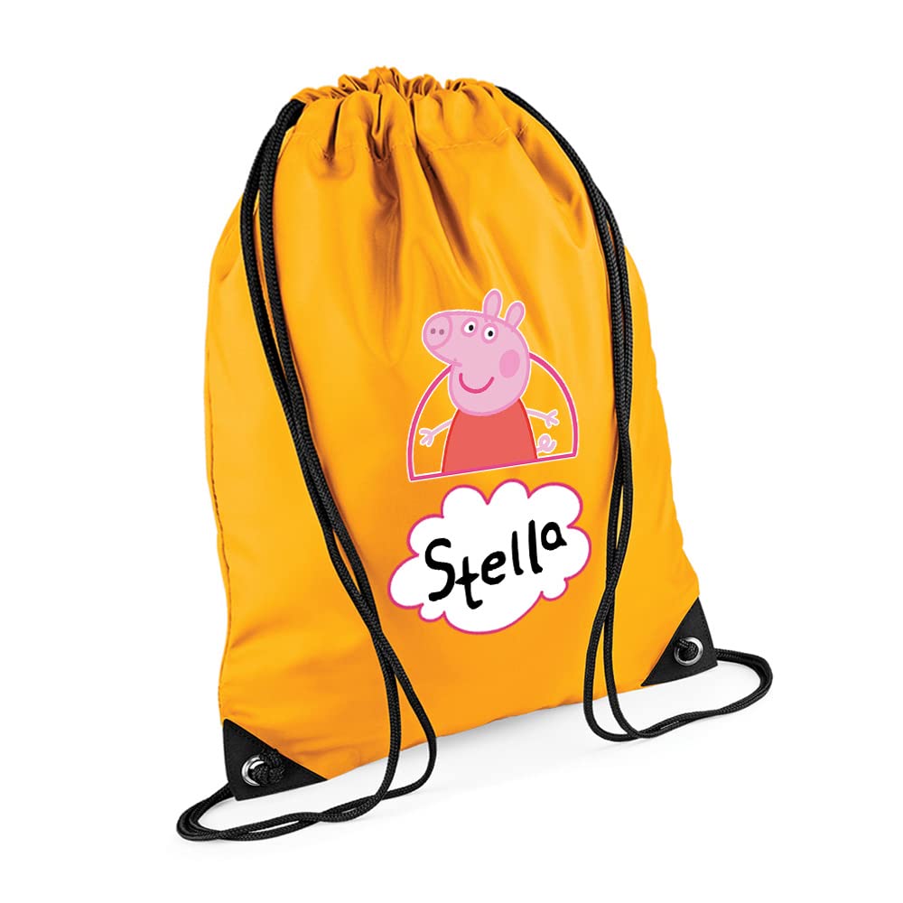Cute Pig Bag Personalised Backpack Pig Bag Gift for Kids-Girl Toddlers Birthday Girl Drawstring Bag, PE Gym Kit Swimming, Sport Rucksack. (Gold)