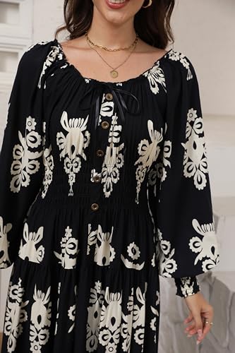 Image of OSTOO Women's 2026 Casual Long Sleeve Square Neck Smocked High Waist Flowy Maxi Dress,Boho Tiered Beach Party Dress