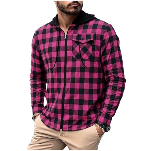 ABABC Flannel Shirt for Men Long Sleeve Zip Up Plaid Hoodies Jacket Stylish Lightweight Hooded Shirt with Pockets