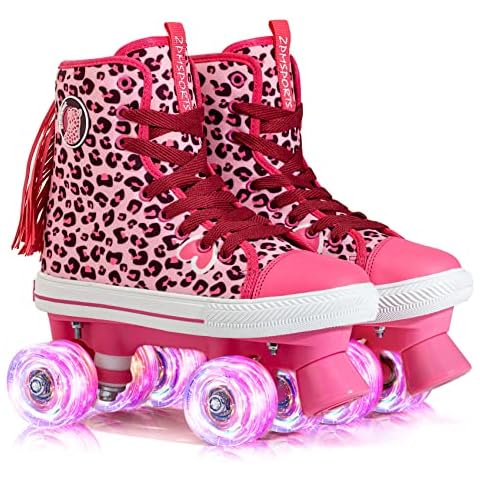 2PM Sports Light Up Leopard/Zebra Stripes Kids Roller Skates for Girls Pink, Outdoor Beginner Women Black White Retro Canvas Quad Skates for Boys Indoor - Large - Youth (37-38EU) Cover