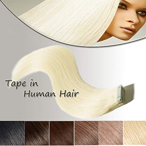 Tape In Hair Extensions Human Hair 22 inch Platinum Blonde #60 Long Straight Seamless Skin Weft Natural Hair Invisible Double Sided Tape 20pcs 50g+10pcs Replacement Tapes