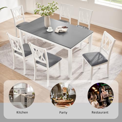 Image of Harper & Bright Designs 7 Piece Dining Table Set for 6, 58.5 inch L Solid Wood Kitchen Table with 6 Upholstered Chairs, Grey White Two-Tone, Space-Saving Design