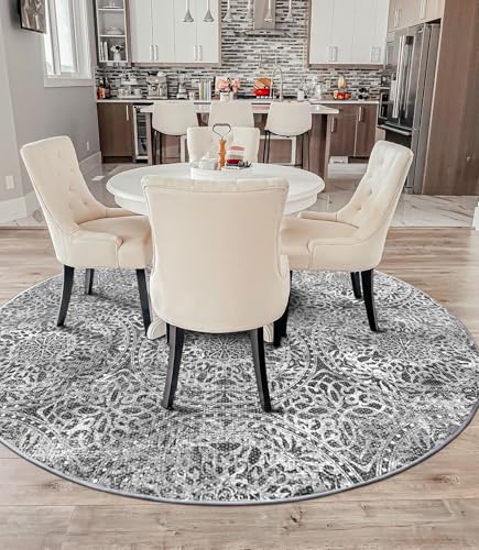 vivorug Round Rug 4ft Vintage-Inspired Round Area Rug Non-Slip Indoor Carpet for Living Room Bedroom Entryway, Stain Resistant Home Decor Circle Rug, Grey Medallion