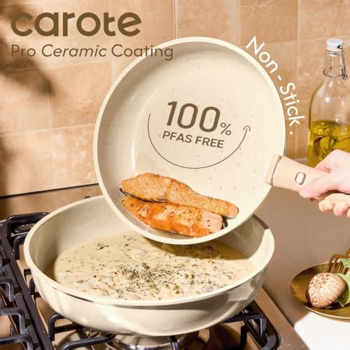 Image of CAROTE 49pcs Pots and Pans Set, Ceramic Cookware Set with Detachable Handle | Baking Pans Set, Knife Set, Non Stick, Induction Compatible, Dishwasher& Oven Safe, Space Saving, for Kitchen /RV /Camping