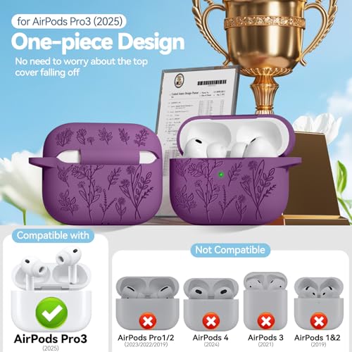 Image of Ekoonpft for Airpods Pro 3 Case, Flower Engraved Cases for Apple AirPods Pro 3rd Generation 2025, Soft Silicone Cover for Men Women Girly with Cleaning Kit & Keychain, Anti-Scratch, Shockproof