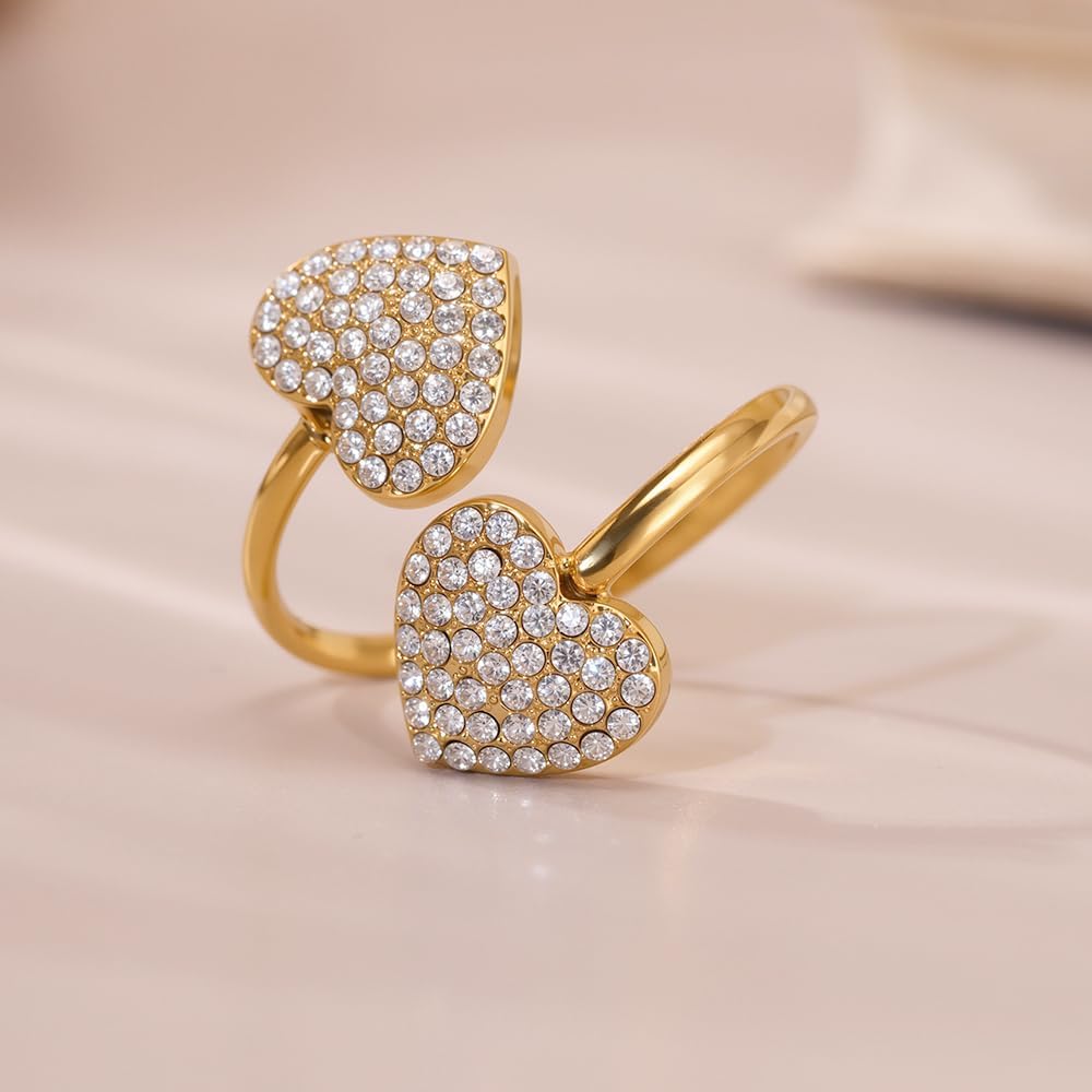OIDIMS Double Heart Open Ring for Women Stainless Steel Gold-Tone Plated Stacking Promise Rings Adjustable Cubic Zirconia Wedding Open Band CZ Engagement Dainty Jewelry for Valentine Her