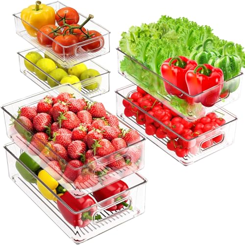 6Pcs 3 Tailles Boite Rangement Frigo Transparent avec Poignée, Empilable Organisateur Frigo Sans BPA, Bacs Organisation pour Réfrigérateur,Cuisine,Armoires,Placards,Garde-Manger,Congélateur,Tiroir