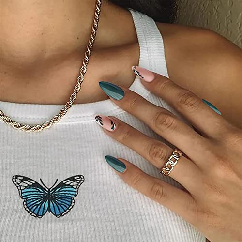 Almond Press On Nails Green Leaf False Nails Medium Almond Shaped Full Cover Stick On Nail Artificial Glossy Acrylic Fake Nails Diy Manicure Decoration For Women 24Pcs #TOP5