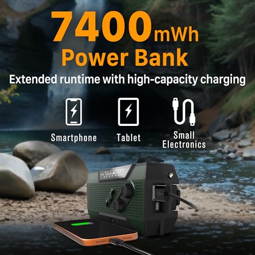 Image of FosPower NOAA Emergency Weather Radio A1 7400mWh Portable Power Bank, AM /FM, USB /Solar /Hand Crank Charging, Battery Operated, SOS Alarm & Flashlight for Indoor /Outdoor Emergency - Green