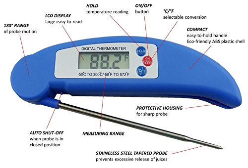 Termómetro digital de comida DT-X, AVAX. Plegable. Con pantalla LCD. Para vino, comida, carne, pavo, barbacoa, mate, leche, azúcar, etc. Rango de temperatura: -50 °C a 300 °C, color azul