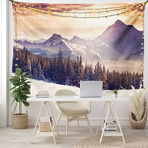 Ambesonne Nature Tapestry, Evening Winter Landscape Dramatic Surreal Overcast Sky And Majestic Mountains, Wide Wall Hanging For Bedroom Living Room Dorm, 80" X 60", Purple Orange #TOP5
