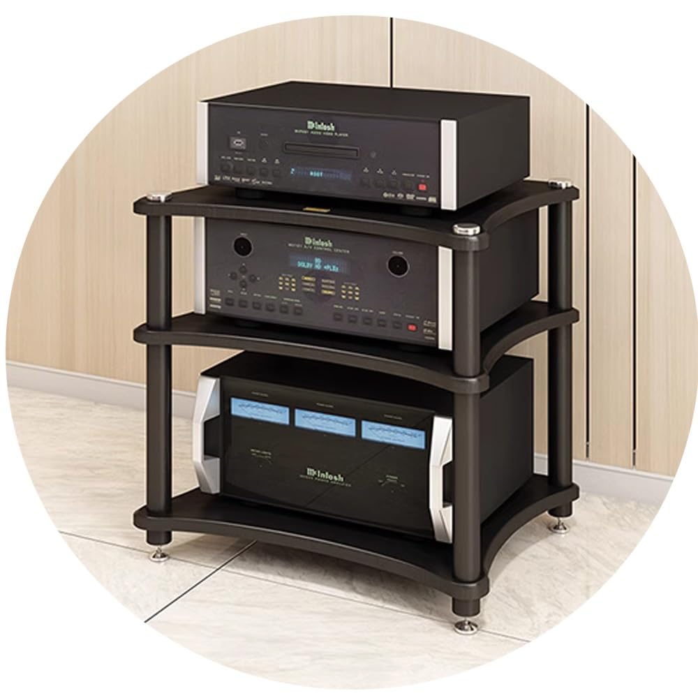 Czarny stojak HiFi o, 3-poziomowy stojak AV Ma, wieża wsparcia wzmacniacza, drewniana półka Ste, odporne na wibracje nóżki, idealny do systemów 1-4 Conent
