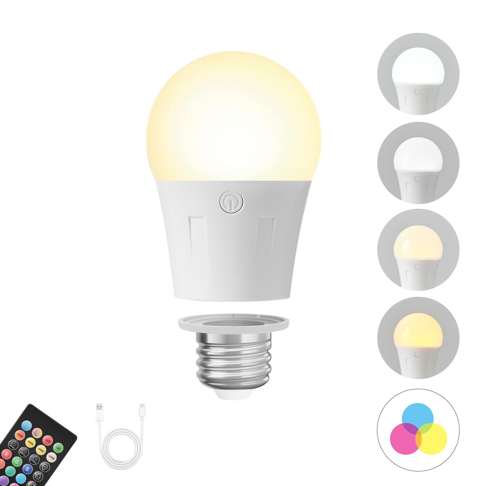 Rechargeable Battery Operated Light Bulbs, E26 Detachable LED Bulb with Remote Control, Dimmable, 4 Color Temperatures, RGB, Timer, Emergency Light