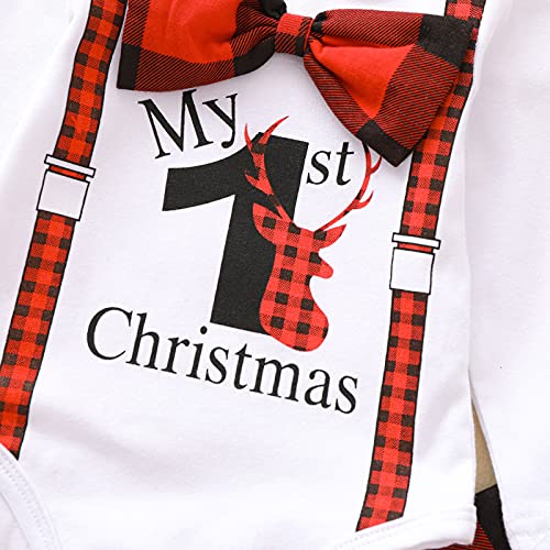 Verve Jelly 3Pcs Pasgeboren Baby Meisjes Jongens Mijn 1st Kerst Romper Vlinderdas Brief Print Bodysuit Plaid Lange Broek Hoed Kerst Outfits Set - Afbeelding 7