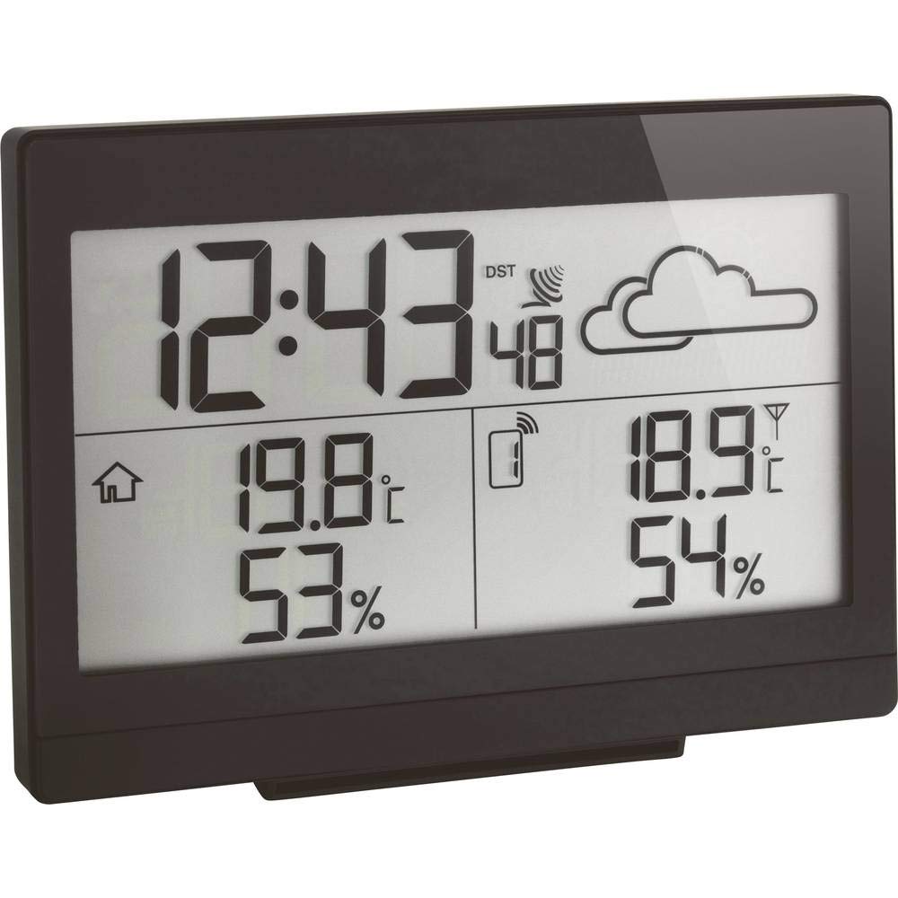 TFA Dostmann Casa Stazione meteo radio previsioni meteo, temperatura esterna, umidità interna, con orologio radio, lunghezza 141 x larghezza 48 x altezza 100 mm, nero