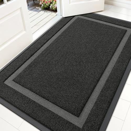 Image of OLANLY Front Door Mat Indoor Outdoor Entrance, Waterproof All-Season, All-Weather Doormat, Sturdy Natural Rubber, Fade Resistant, Low Profile, Easy Clean Patio Porch Entryway Mat, 59x34, Black