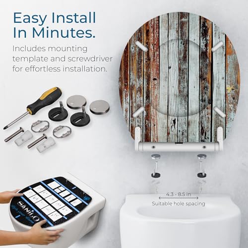 Image of Sanilo Wooden Toilet Seat with Quick Release & Soft Close [ROUND] - Decorative & Slow Close Molded Wood Seat - With One Click for Easy Installation & Cleaning - With Adjustable Fit (Antique)