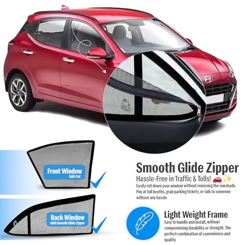 Image of Autofact Magnetic Car Sunshades Compatible with Hyundai Grand I10 Old (2013 to 2019) (Set of 4) - Easy Installation, UV Protection (Front 2 Half-Cut for Side Mirror Visibility, Rear 2 with Zippers)