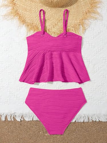 Image of OYOANGLE Girl's 2 Piece Tankini Swimsuit Textured Twist Front Ruched Ruffle Bikini Set Bathing Suits