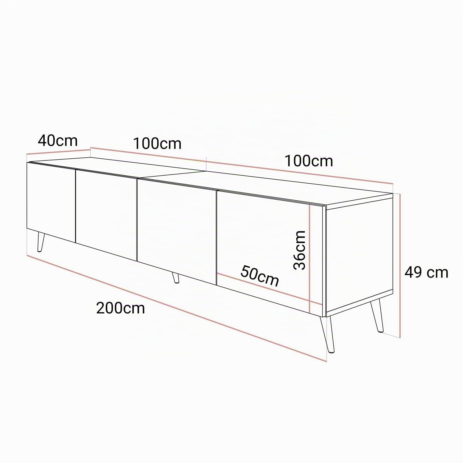 Lookway Moderner TV-Schrank in Weiß Hochglanz, optional mit LED-Beleuchtung auf schrägen Onyx-Beinen – COLGANTE 200 cm (Beine: Silber Chrom, ohne LED Beleuchtung)