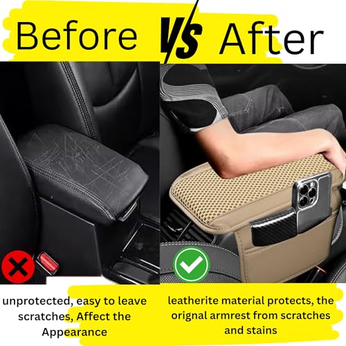 Image of DETACHI Car Center Console Armrest Cover Pad, PU Leather Mesh Armrest Cushion,Universal Fit for SUV /Truck /Car, Console Box Cover With 2 Mobile Pockets, Breathable Mesh Fabric Mat-(Beige, 31X18X2CM)