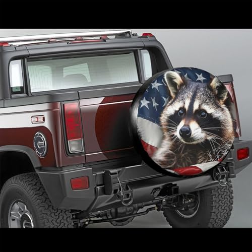 Image of Raccoon Flag Spare Tire Cover for Rv Trailer Camper Truck SUV - Cute Raccoon Animal Wheel Protectors Cover Waterproof Fabric for Travel Camping Outdoor,Universal Fit,14 inch
