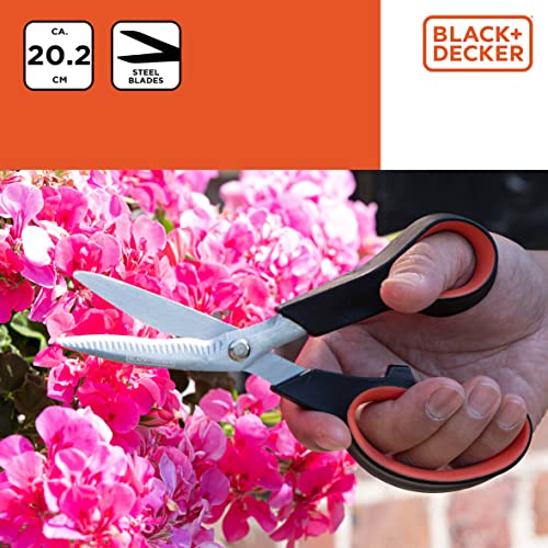 BLACK+DECKER Flower Shears - Multifunctional Garden Shears - Steel Blade - Plastic Handle - Flower Cutter and Secateurs - Black/Orange - Image 4