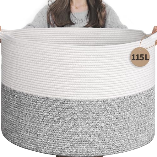 Image of INDRESSME 115L Extra Large Blanket Basket, Soft Cotton Rope Storage Basket for Organizing, Home Decor, Toys, Laundry & Towels, Toy Storage Organizer for Living Room & Nursery, Light Grey
