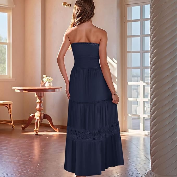 Strapless Maxi Dress for Women, Smocked Empire Waist A Line Dress, Boho Summer Beach Vacation Long Dresses - Image 2