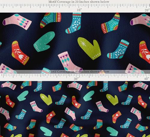 Image of Soimoi Blue Cotton Canvas Fabric Socks & Gloves Folk Art Print Fabric by the Meter 42 Inch Wide