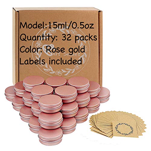 Screw Top Rose Gold Aluminum Tin Jar with Screw Lid and Blank Labels - 32pcs, 0.5oz