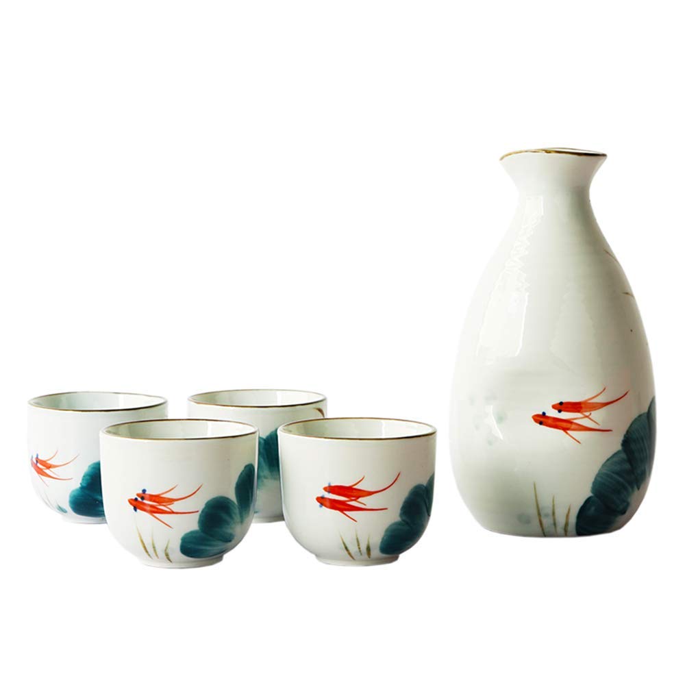 Juego de Sake japonés, Juego de 5 Piezas para Servir Sake Blanco, Pintura con Tinta de pez Dorado, para Sake frío/Tibio/Caliente/Shochu/té, Familiares y Amigos