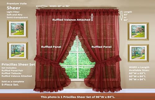Image of Today's Curtain, Emelia Priscilla Sheer Pair 60 inch W x 63 inch L, Burgundy, 5-Piece-Set